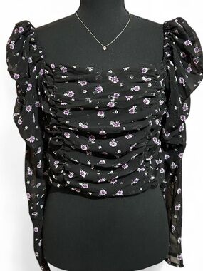 Black Floral Ruched off the shoulder Puff-Sleeve Crop Top